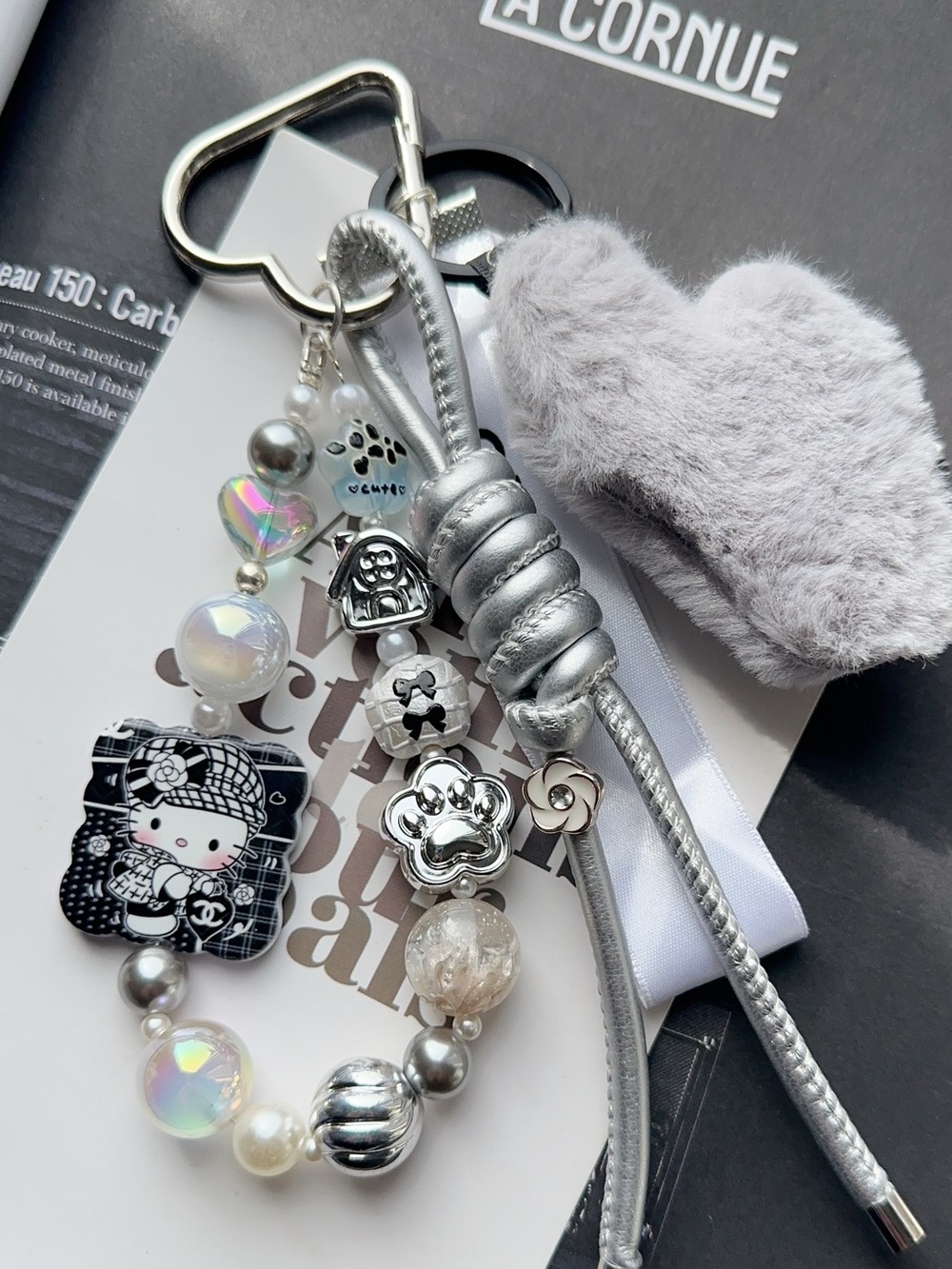 Authentic CC Ribbon with Grey Plush Heart & hello Kitty Charm - Picture 3 of 3